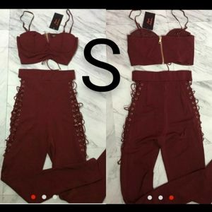 🆕Burgundy Sexy Top & Pants Luxury Set Size S